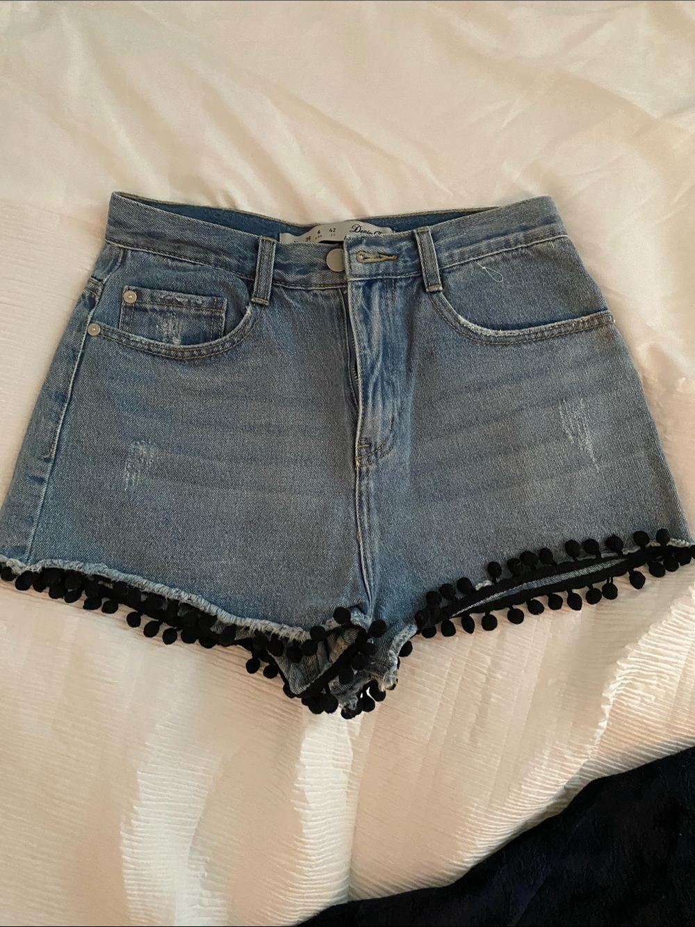 Denim&Co Light Blue High-Waist Denim Shorts with Black Pom-Pom Trim